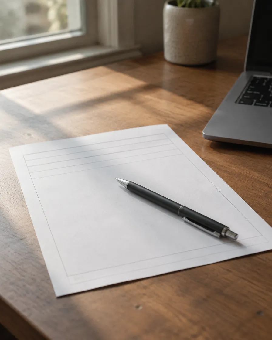 A pen resting on a blank form on a desk
