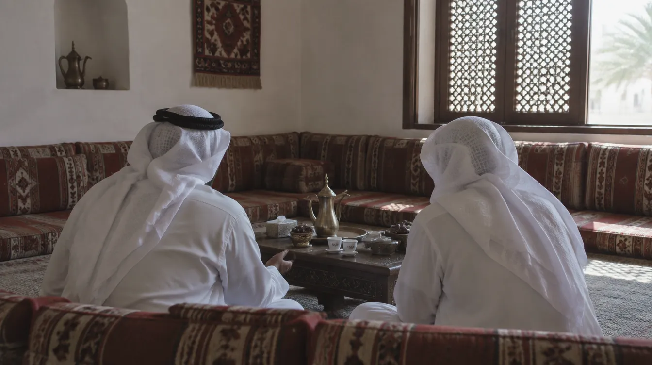 Two people in conversation in a majlis-style meeting room, from behind