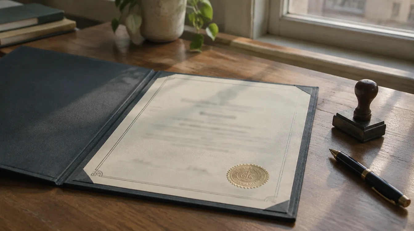 A certificate with an embossed seal in a folder on a desk
