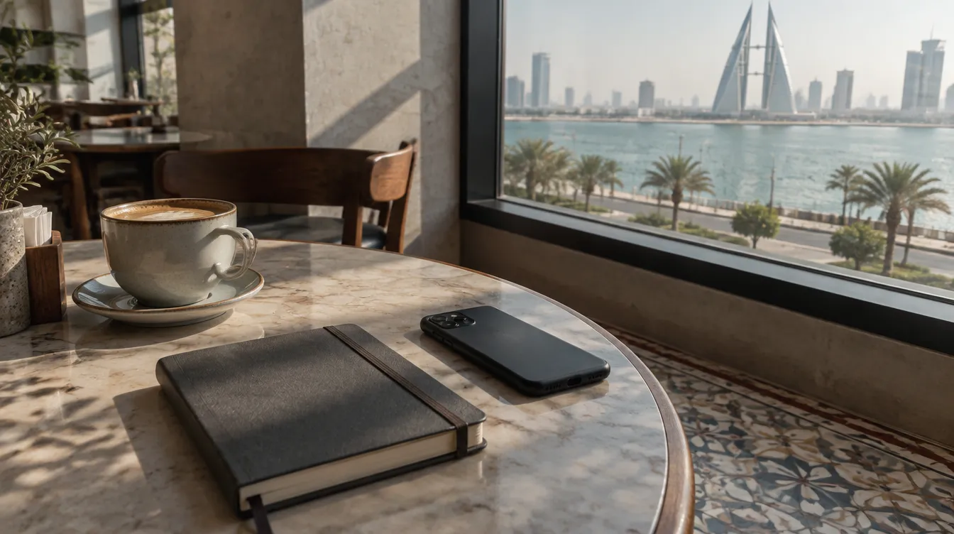 A phone and a notebook on a café table in Manama