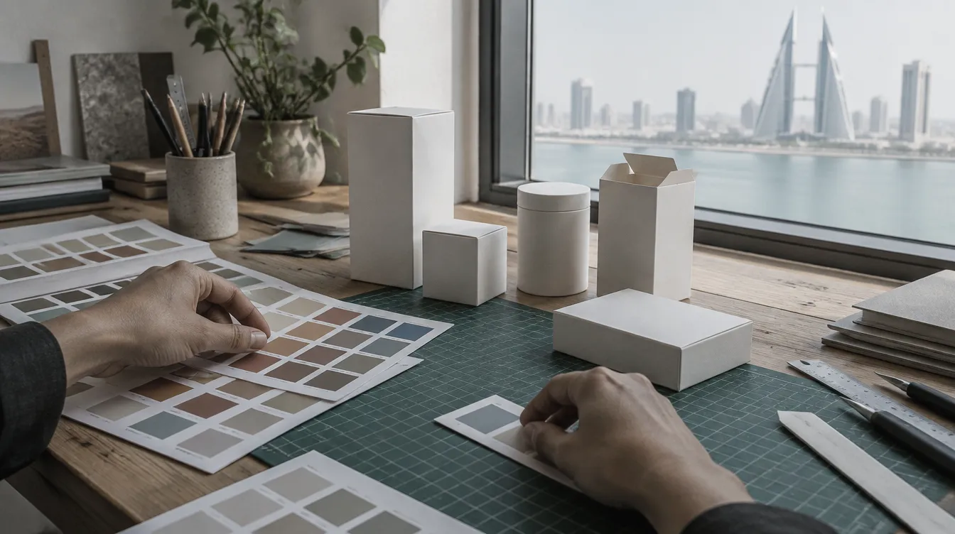 Colour swatches and blank packaging mock-ups on a designer's desk