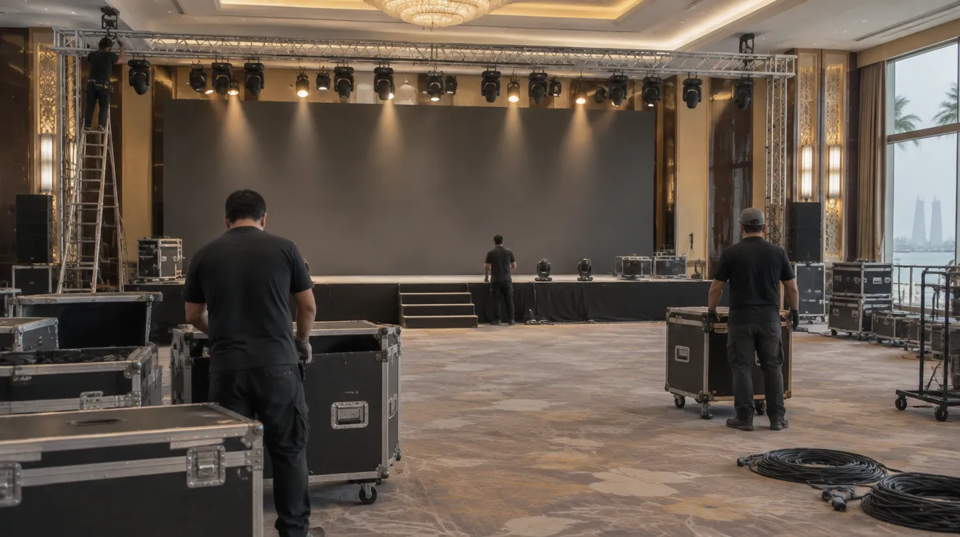 Technicians setting up an event stage in a Bahrain ballroom