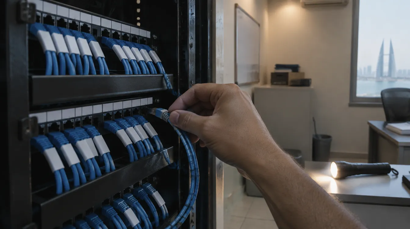 A hand connecting patch cables in a network cabinet