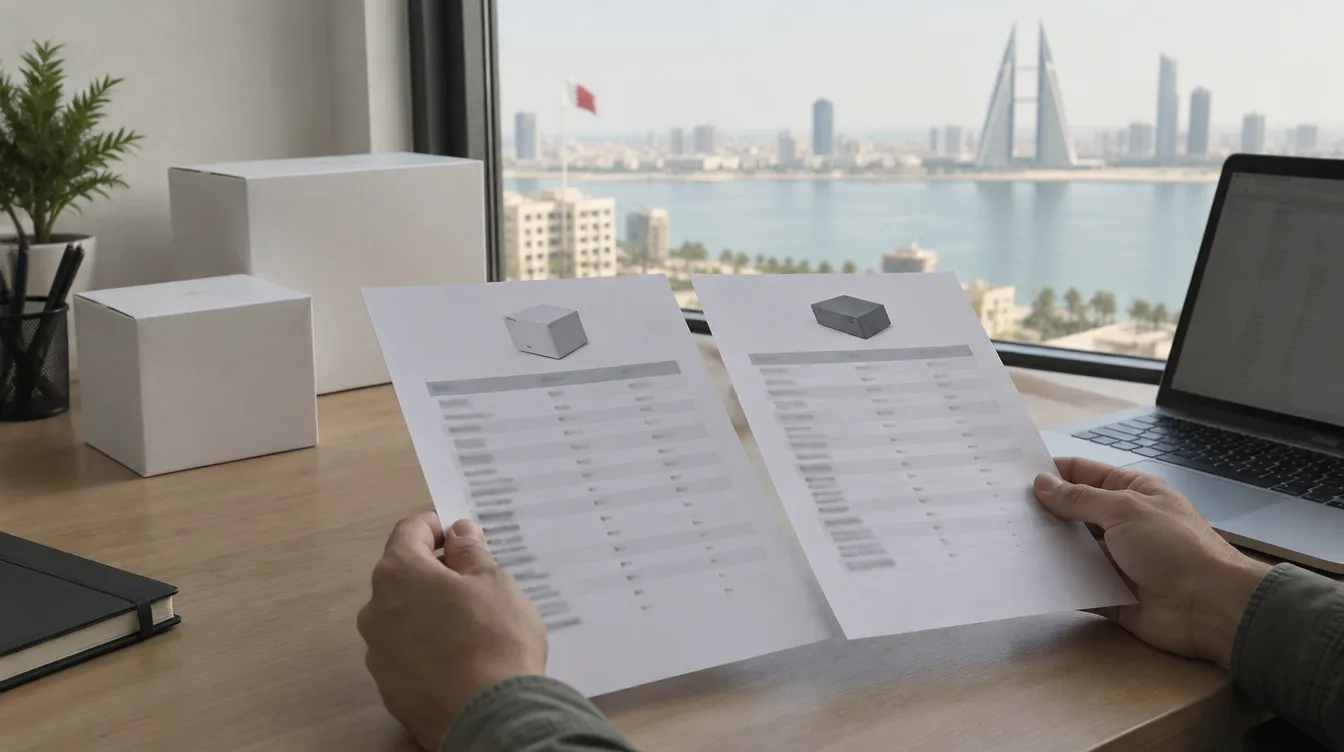 A hand comparing two specification sheets beside a laptop