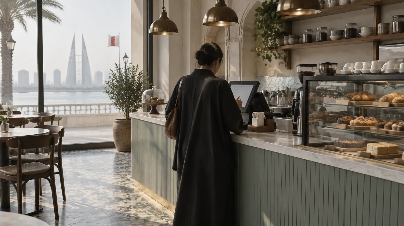 A person using a point-of-sale terminal at a café counter